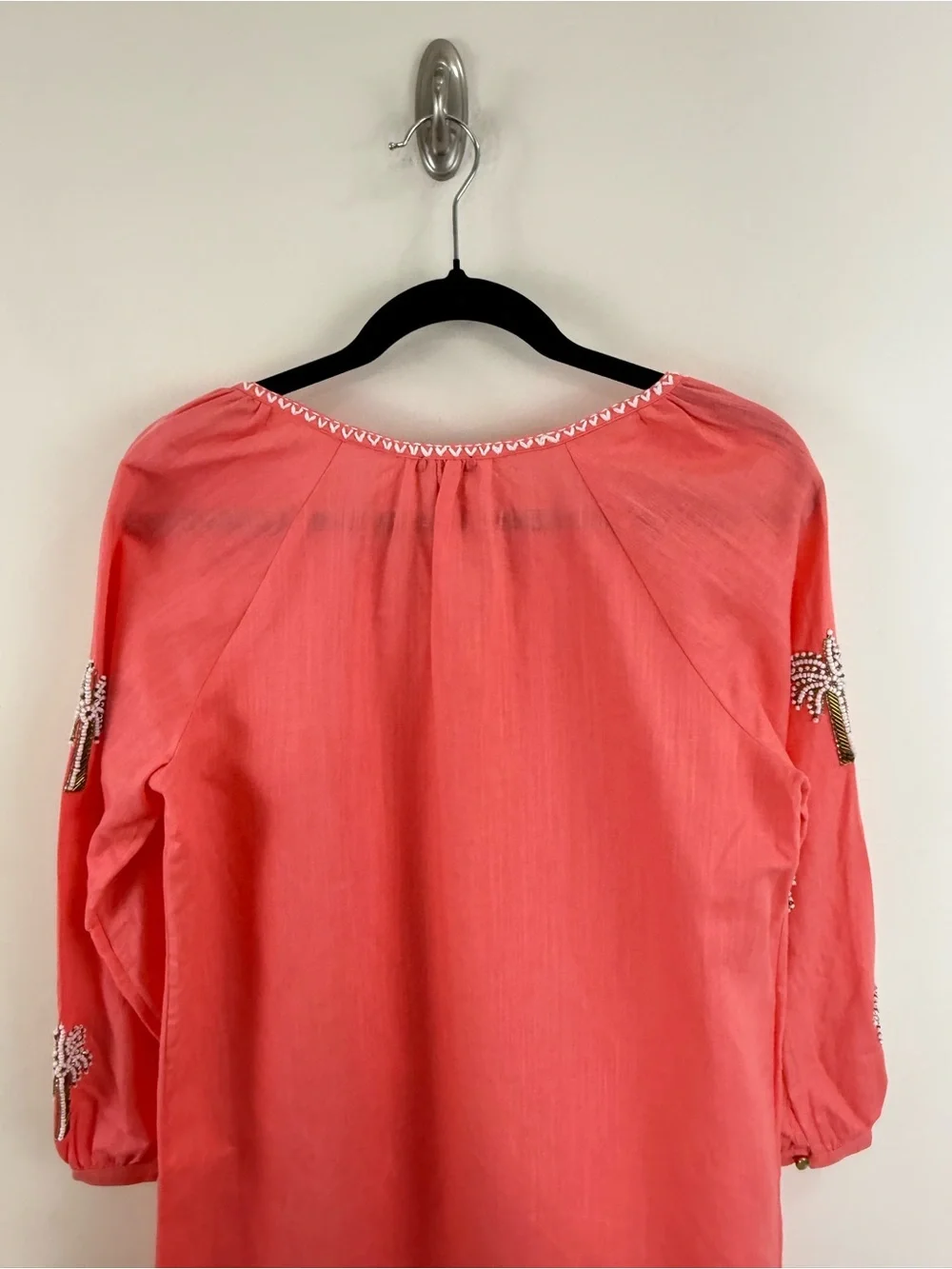 Talbots Linen Blend Shift Dress Size S Petite Palm Tree Embellished Coral NWT - Picture 8 of 14